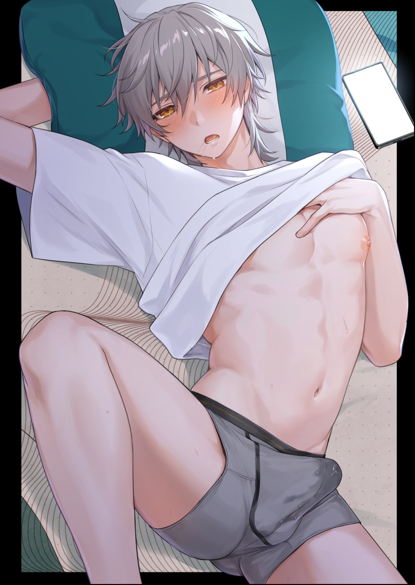 1boy abs absurdres bulge caelus_(honkai:_star_rail) cellphone clothes_lift grey_hair grey_male_underwear hair_between_eyes hati_str highres honkai:_star_rail honkai_(series) looking_at_viewer lying male_focus male_underwear muscular muscular_male navel nipples open_mouth phone pillow shirt shirt_lift smartphone solo spread_legs stomach trailblazer_(honkai:_star_rail) underwear white_shirt yellow_eyes