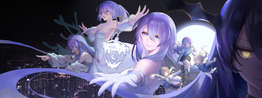 3girls absurdres airani_iofifteen animal_ears ayunda_risu backless_dress backless_outfit cityscape detached_sleeves dress elbow_gloves gloves glowing glowing_eye gradient_eyes high_tide_(hololive) highres hololive hololive_indonesia john053028 moon moona_hoshinova moona_hoshinova_(1st_costume) multicolored_eyes multiple_girls multiple_persona purple_hair school_uniform slit_pupils squirrel_ears squirrel_girl squirrel_tail strapless strapless_dress tail virtual_youtuber yellow_eyes