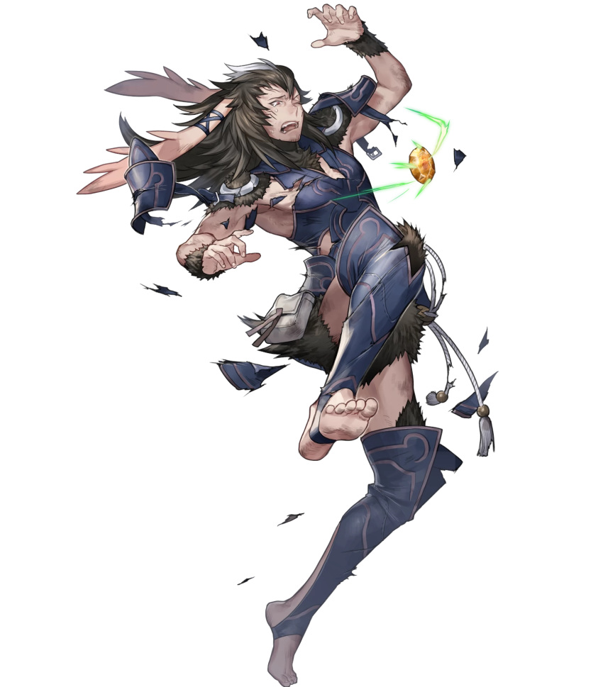 1boy animal_ears armor barefoot beard belt brown_hair bunny_ears bunny_tail chambray crying facial_hair facial_mark fire_emblem fire_emblem:_kakusei fire_emblem_heroes full_body fur_trim highres male_focus multicolored_hair official_art one_eye_closed open_mouth p-nekor red_eyes solo tail teeth torn_clothes transparent_background two-tone_hair white_hair