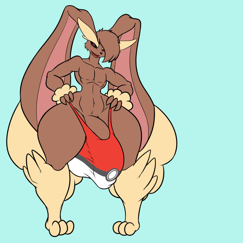 1:1 abs absurd_res anthro artistorphy barely_contained big_bulge black_sclera bulge clothed clothing fur hair hair_over_eye hi_res hyper lagomorph long_ears lopunny male mammal nintendo open_mouth paws pecs penis penis_outline pok&eacute;mon pok&eacute;mon_(species) pose red_eyes simple_background smile solo speedo swimwear thick_thighs timothy_vladislaus toes topless underwear video_games wide_hips