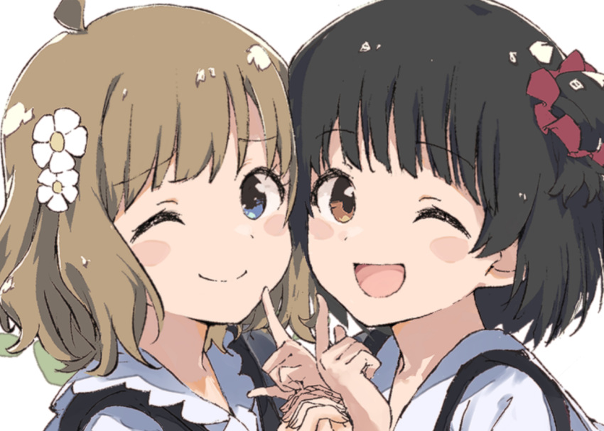 2girls ;d ahoge black_hair blue_eyes brown_eyes brown_hair closed_mouth commentary_request eyelashes finger_to_cheek fingernails flower hair_flower hair_ornament hair_scrunchie hands_up holding_hands idolmaster idolmaster_cinderella_girls index_finger_raised interlocked_fingers looking_at_viewer looking_to_the_side multiple_girls nakatani_iku one_eye_closed one_side_up open_mouth portrait rauto red_scrunchie scrunchie shirt short_hair simple_background smile suou_momoko white_background white_flower white_shirt