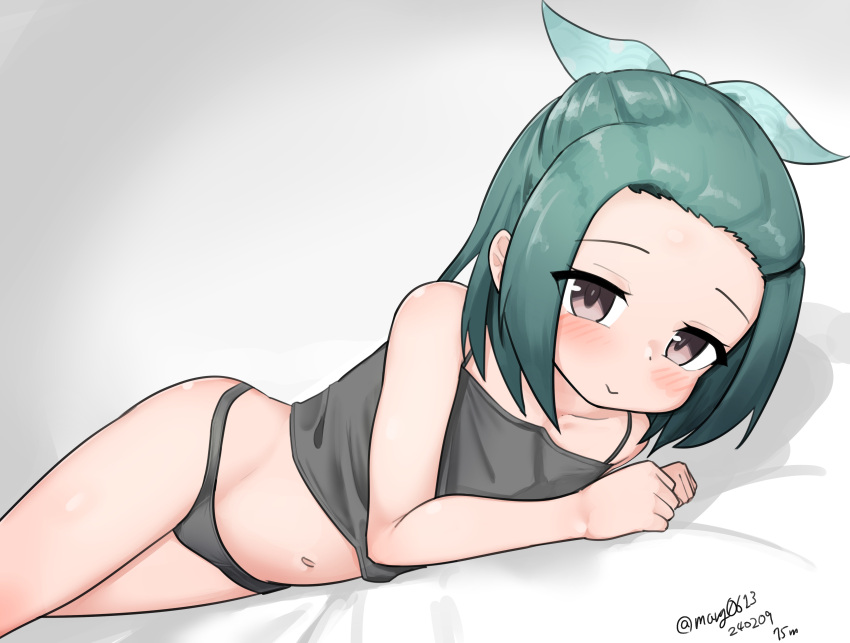 1girl absurdres aqua_bow bow camisole collarbone dated feet_out_of_frame forehead green_hair grey_camisole grey_eyes grey_panties highres kantai_collection looking_at_viewer lying maru_(marg0613) medium_hair on_side one-hour_drawing_challenge panties polka_dot polka_dot_ribbon ribbon solo suzunami_(kancolle) underwear underwear_only
