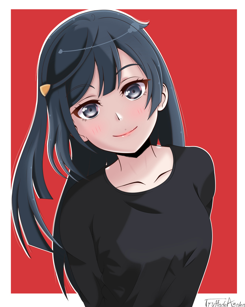 1girl absurdres artist_name black_hair black_shirt border breasts closed_mouth collarbone commentary english_commentary grey_eyes head_tilt highres long_hair long_sleeves looking_at_viewer love_live! love_live!_nijigasaki_high_school_idol_club medium_breasts one_side_up outside_border red_background shirt sidelocks smile solo truffadeazalea upper_body white_border yuki_setsuna_(love_live!)