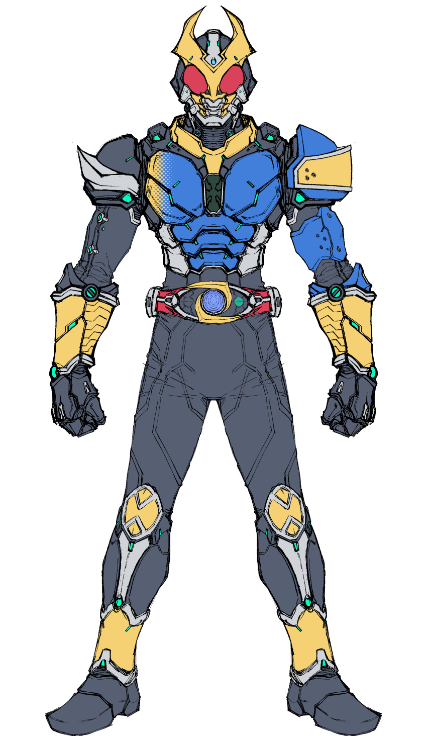 1boy absurdres agito_(storm_form) altering_(agito) armor asymmetrical_armor belt blue_armor bodysuit compound_eyes full_body gloves gold_horns helmet highres horns kamen_rider kamen_rider_agito kamen_rider_agito_(series) looking_at_viewer mask red_eyes rider_belt solo standing tokusatsu zd19990214