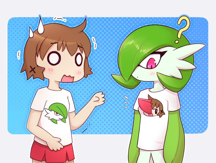 2girls ? absurdres ancesra arms_at_sides blank_eyes blue_background blush bob_cut border brown_hair character_print closed_mouth clothed_pokemon colored_skin comedic_sweatdrop commission commissioner_upload crossover dot_mouth flat_chest gardevoir gradient_background green_hair green_skin hair_ornament hair_over_one_eye hand_up hidamari_sketch highres light_blush looking_at_self looking_down miniskirt multicolored_skin multiple_girls nervous non-web_source notice_lines o_o one_eye_covered open_mouth outline outside_border pleated_skirt pokemon pokemon_(creature) red_skirt shirt short_hair short_sleeves sidelocks simple_background skirt standing torn_clothes torn_shirt transparent_border trembling two-tone_skin upper_body wavy_mouth white_eyes white_shirt white_skin x_hair_ornament yuno_(hidamari_sketch)