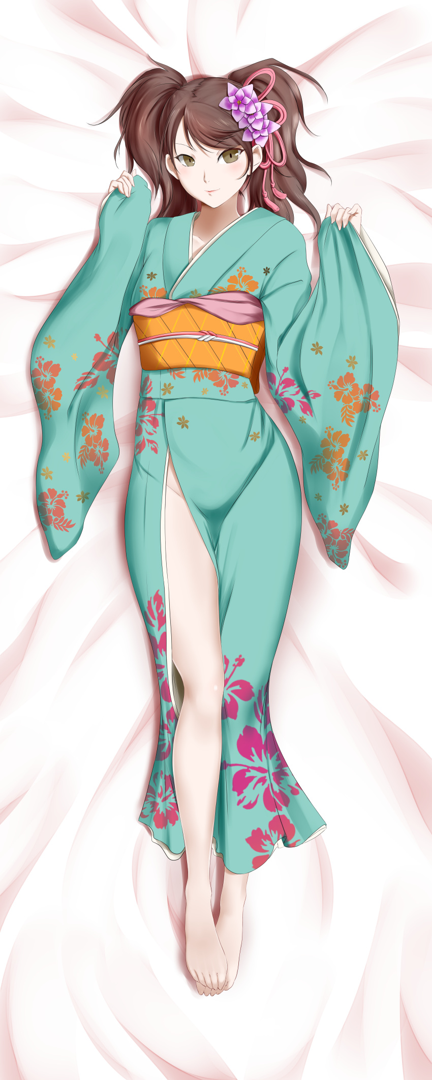 1girl absurdres alfred_cullado bangs banned_artist barefoot bed_sheet blue_kimono brown_eyes brown_hair collarbone dakimakura flower from_above full_body groin hair_flower hair_ornament hair_ribbon hibiscus_print highres huge_filesize incredibly_absurdres japanese_clothes kimono kujikawa_rise long_hair looking_at_viewer lying no_panties obi on_back on_bed paid_reward patreon_reward persona persona_4 pink_ribbon print_kimono purple_flower ribbon sash solo swept_bangs thighs twintails