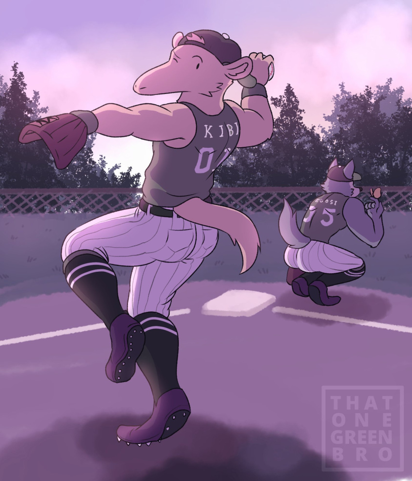 anteater anthro arthropod athletic athletic_anthro athletic_male baseball_base baseball_cap baseball_field baseball_glove baseball_uniform beastars butt butterfly canid canine canis clothed clothing crouching duo fur grey_body grey_fur hat headgear headwear hi_res insect kibi_(beastars) legoshi_(beastars) lepidopteran male mammal one_eye_closed pilosan plant sky sportswear tail text that1greenbro tree uniform wolf xenarthran