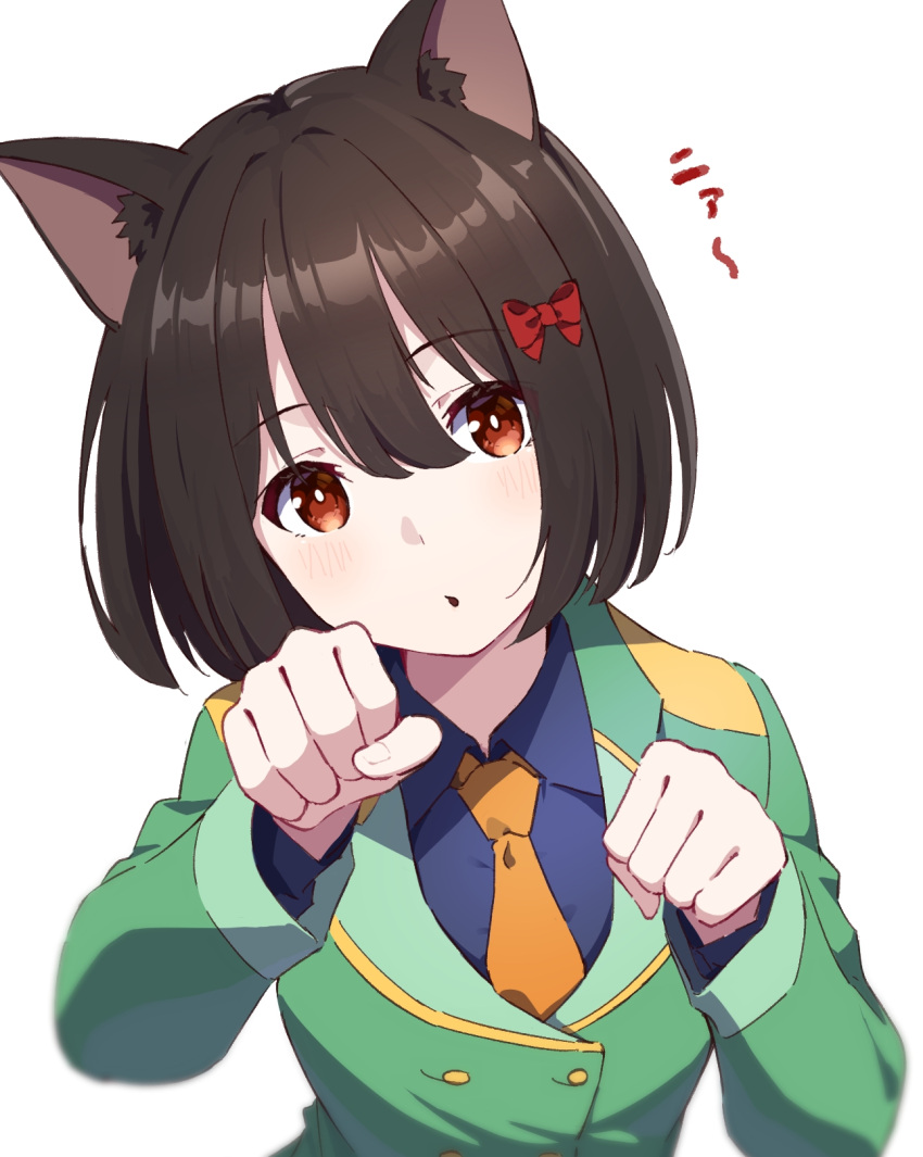 1girl animal_ear_fluff animal_ears blue_shirt bow brown_eyes brown_hair cat_ears cat_girl clenched_hand green_shirt hair_bow hibike!_euphonium highres hisaishi_kanade hyoe_(hachiechi) long_sleeves looking_at_viewer medium_hair necktie open_mouth orange_necktie paw_pose red_bow shirt simple_background solo translation_request upper_body white_background