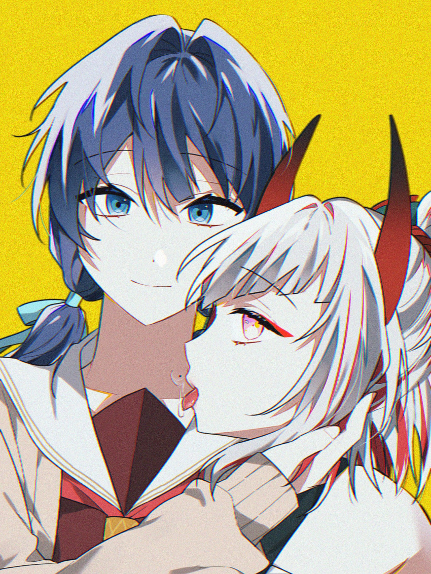 2girls 42_(42_aqrl) bare_shoulders blue_eyes blue_hair blue_ribbon brown_cardigan brown_dress cardigan closed_mouth commentary_request dark_blue_hair demon_horns dollchestra dress grey_hair hair_bun hair_ribbon hand_on_another's_head hasu_no_sora_school_uniform highres horns korean_commentary licking licking_another's_neck link!_like!_love_live! long_hair long_sleeves looking_at_viewer love_live! low_twintails mole mole_on_neck multicolored_hair multiple_girls murano_sayaka neckerchief official_alternate_costume official_alternate_hairstyle open_cardigan open_clothes pink_eyes red_hair red_neckerchief ribbon sailor_collar saliva school_uniform setsubun_-oyozure-_(love_live!) short_hair single_hair_bun smile streaked_hair tongue tongue_out twintails upper_body virtual_youtuber white_sailor_collar winter_uniform yellow_background yugiri_tsuzuri yuri