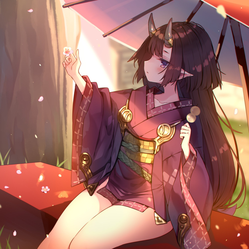 1girl bare_legs black_hair catching cherry_blossoms commentary_request cowboy_shot dango demon_horns expressionless falling_petals flower food grass grey_horns grimms_echoes highres holding holding_food horns japanese_clothes kimono long_hair long_sleeves looking_at_hand oil-paper_umbrella onihime_(grimms_echoes) outdoors parted_lips petals pink_flower pointy_ears purple_eyes purple_kimono purple_sleeves red_umbrella short_kimono sitting solo sunlight sunset thighs tree tsukimi_dango umbrella usamata very_long_hair wagashi wide_sleeves