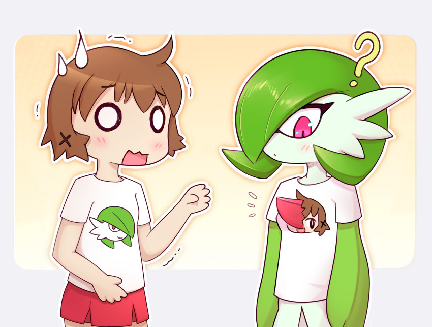 2girls ? absurdres ancesra arms_at_sides blank_eyes blush bob_cut border brown_hair character_print closed_mouth clothed_pokemon colored_skin comedic_sweatdrop commission commissioner_upload crossover dot_mouth flat_chest gardevoir gradient_background green_hair green_skin hair_ornament hair_over_one_eye hand_up hidamari_sketch highres light_blush looking_at_self looking_down meta miniskirt multicolored_skin multiple_girls nervous non-web_source notice_lines o_o one_eye_covered open_mouth orange_background outline outside_border pleated_skirt pokemon pokemon_(creature) red_skirt shirt short_hair short_sleeves sidelocks simple_background skirt standing torn_clothes torn_shirt transparent_border trembling two-tone_skin upper_body wavy_mouth white_eyes white_shirt white_skin x_hair_ornament yuno_(hidamari_sketch)