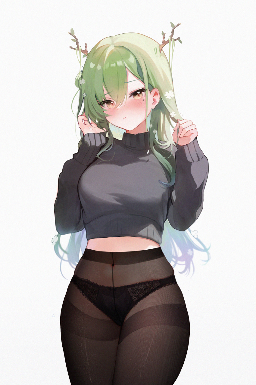 1girl absurdres antlers black_panties black_pantyhose black_sweater blush breasts ceres_fauna closed_mouth commentary cowboy_shot cropped_sweater english_commentary flower green_hair hair_between_eyes hair_flower hair_ornament high-waist_pantyhose highres holding holding_hair hololive hololive_english horns koahri lace-trimmed_panties lace_trim leaf legs_together long_hair long_sleeves looking_at_viewer medium_breasts mole mole_under_eye no_pants panties panties_under_pantyhose pantyhose simple_background sleeves_past_wrists solo standing sweater thighband_pantyhose turtleneck turtleneck_sweater underwear very_long_hair virtual_youtuber white_background white_flower yellow_eyes