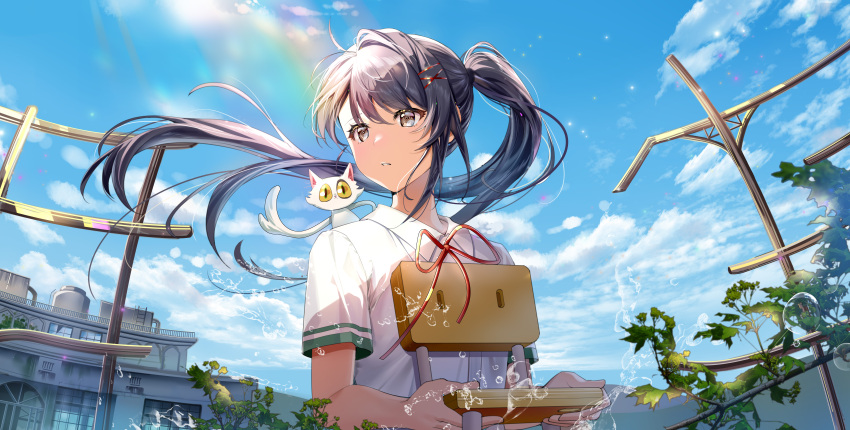 1girl absurdres animal_on_shoulder black_hair blue_sky brown_eyes building cat cat_on_shoulder chair cloud collared_shirt daijin_(suzume) day floating_hair hair_ornament hands_up highres holding_chair iwato_suzume kelezi long_hair looking_to_the_side neck_ribbon outdoors parted_lips plant ponytail red_ribbon ribbon school_uniform shirt short_sleeves single_sidelock sky solo suzume's_chair suzume_no_tojimari turning_head upper_body water_drop white_shirt x_hair_ornament