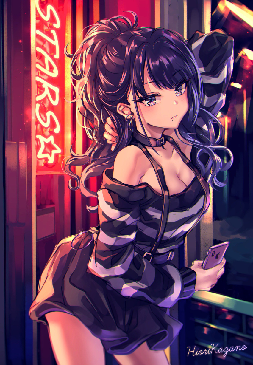 1girl arm_behind_head arm_up bare_shoulders black_hair black_skirt breasts cellphone character_name cleavage closed_mouth collar collarbone commentary_request cowboy_shot cursive earrings highres idolmaster idolmaster_shiny_colors jewelry kazano_hiori leaning_forward long_hair long_sleeves looking_at_viewer medium_breasts mole mole_under_mouth nail_polish neon_lights off-shoulder_shirt off_shoulder phone ponytail purple_eyes shirt sidelocks skirt solo standing striped striped_shirt suspenders tdnd-96 wavy_hair