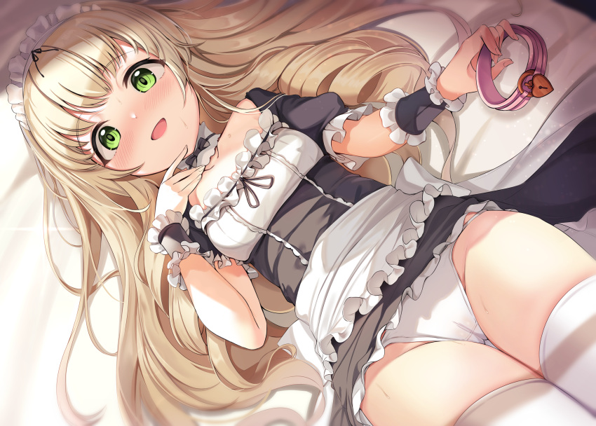 :d absurdres apron black_dress blonde_hair blush cameltoe clothes_lift collar dress drill_hair flat_chest green_eyes highres holding holding_collar j_young looking_at_viewer lying maid maid_apron maid_headdress non-web_source on_back on_bed open_mouth original panties skirt skirt_lift smile thighhighs twin_drills underwear white_apron white_background white_panties