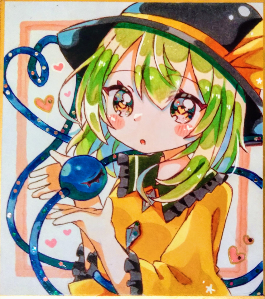 1girl absurdres black_hat black_thighhighs blouse bow buttons diamond_button eyeball frilled_shirt_collar frilled_sleeves frills green_eyes green_hair grey_hair hat hat_bow hat_ribbon heart heart_of_string highres komeiji_koishi open_mouth pafe_yuzuran ribbon shirt solo thighhighs third_eye touhou traditional_media wide_sleeves yellow_bow yellow_eyes yellow_ribbon yellow_shirt