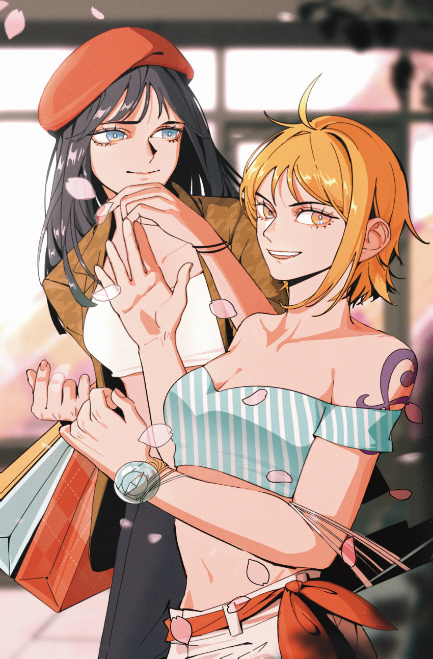 2girls absurdres arm_tattoo bag bare_shoulders belt blue_eyes brown_jacket cowboy_shot crop_top hat highres jacket log_pose looking_at_viewer looking_to_the_side multiple_girls mygiorni nami_(one_piece) nico_robin one_piece petals pink_petals red_hat shopping_bag short_hair sidelocks smile tattoo
