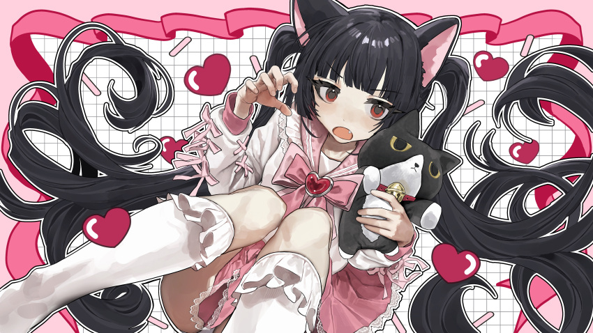 1girl absurdres animal_ears black_hair blouse blunt_bangs brooch cat_ears cat_girl claw_pose fang frilled_skirt frilled_socks frills hair_ribbon heart heart_brooch highres holding holding_stuffed_toy jewelry kneehighs long_hair open_mouth original panties pantyshot pink_ribbon pink_sailor_collar pink_skirt pleated_skirt red_eyes ribbon sailor_collar shirt skirt socks solo stuffed_animal stuffed_cat stuffed_toy tachibana_wataru_(123tsuki) twintails underwear v-shaped_eyebrows very_long_hair white_shirt white_socks