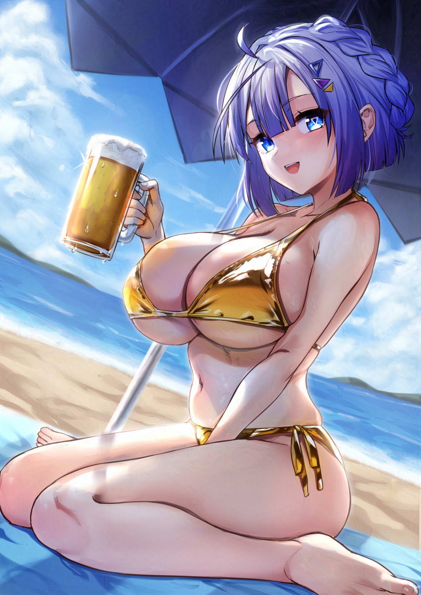 1girl :d absurdres ahoge alcohol bare_arms beach beach_towel beach_umbrella beer between_legs bikini blue_eyes blue_hair blue_sky blunt_bangs blush braid breasts cloud commentary_request cup day gold_bikini hair_between_eyes hand_between_legs highres holding holding_cup large_breasts looking_at_viewer navel no._7_(neutrino) ocean open_mouth outdoors short_hair sidelocks sitting sky smile solo swimsuit teeth tenneko_yuuri towel triangle_hair_ornament umbrella upper_teeth_only voicevox wariza