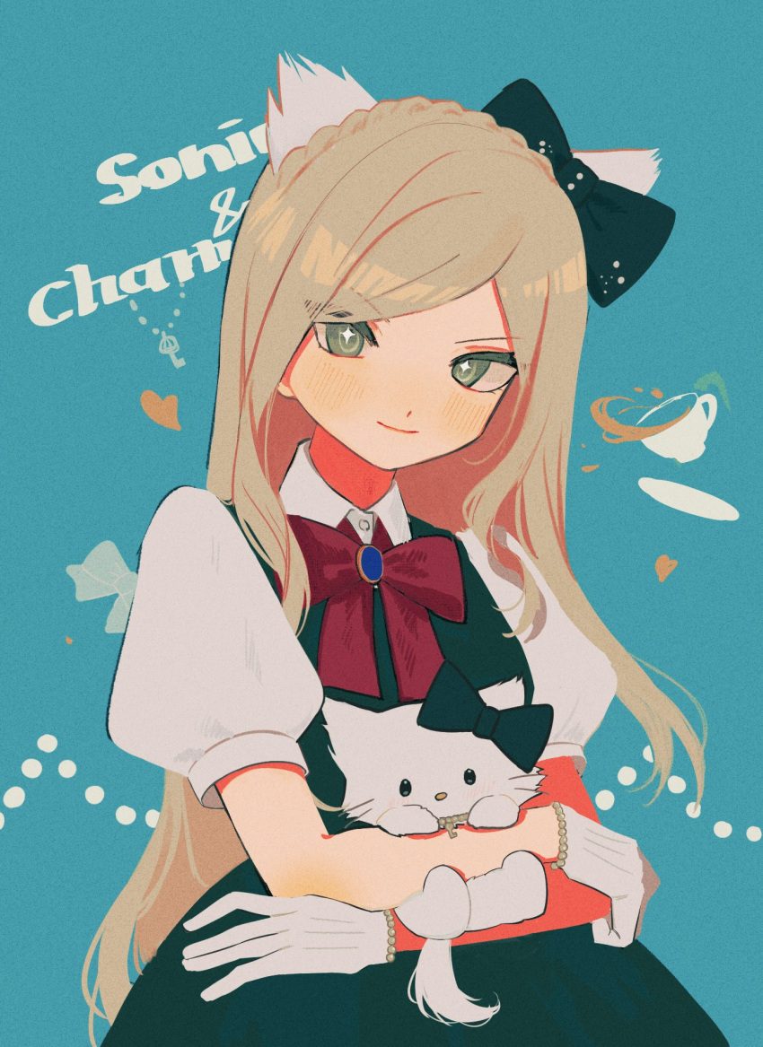 +_+ animal animal_ears aqua_background blonde_hair blue_gemstone bow bowtie braid brooch buttons cat cat_ears character_name character_request closed_mouth collared_shirt commentary_request crown_braid cup danganronpa_(series) danganronpa_2:_goodbye_despair gem gloves green_bow green_eyes green_skirt green_vest hair_bow highres holding holding_animal holding_cat jewelry kemonomimi_mode key lace-trimmed_gloves lace_trim light_blush long_hair oji-sama_(ochi4t) puffy_short_sleeves puffy_sleeves red_bow red_bowtie sanrio saucer shirt short_sleeves simple_background skirt skirt_set smile sonia_nevermind sparkling_eyes spill tea teacup very_long_hair vest white_gloves white_shirt white_sleeves