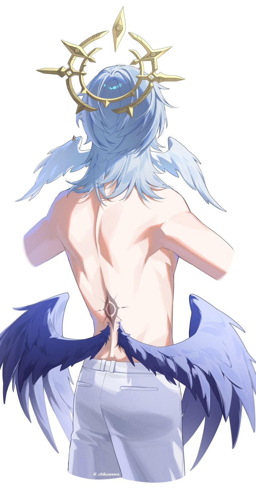 1boy absurdres back chikuwa_(dr0603) from_behind grey_hair halo head_wings highres honkai:_star_rail honkai_(series) male_focus medium_hair pants solo sunday_(honkai:_star_rail) topless_male white_background white_pants white_wings wings