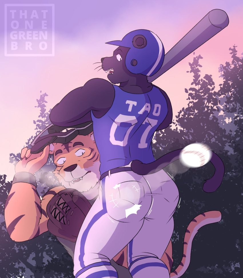 anthro armor athletic athletic_anthro athletic_male ball baseball_(ball) baseball_bat baseball_glove baseball_uniform bat_(object) batting_helmet beastars bengal_tiger bill_(beastars) black_body black_fur butt clothed clothing duo felid feline felis fur headgear helmet hi_res looking_at_butt looking_back male mammal orange_body orange_fur pantherine sky sportswear stripes tail tao_(beastars) text that1greenbro tiger uniform