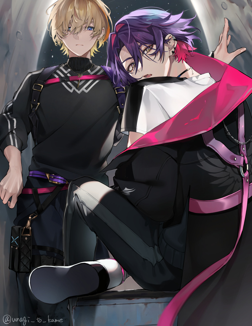 2boys :o absurdres alley belt belt_pouch black_choker black_jacket black_pants black_shirt blonde_hair blue_eyes chest_harness choker closed_mouth colored_inner_hair curtained_hair ear_piercing expressionless fang feet_out_of_frame flipped_hair foot_out_of_frame fura_kanato hair_between_eyes hair_intakes hair_over_one_eye harness highres jacket jewelry knee_up long_sleeves looking_at_viewer looking_back male_focus multicolored_hair multiple_boys necklace night nijisanji off_shoulder orange_hair outstretched_arm pants piercing pink_belt pink_hair pouch purple_belt purple_hair shirt shoe_soles short_hair short_sleeves sitting skin_fang sleeves_past_elbows smile standing streaked_hair t-shirt trash_can turtleneck twitter_username unagi_to_kame virtual_youtuber watarai_hibari white_footwear white_shirt yellow_eyes