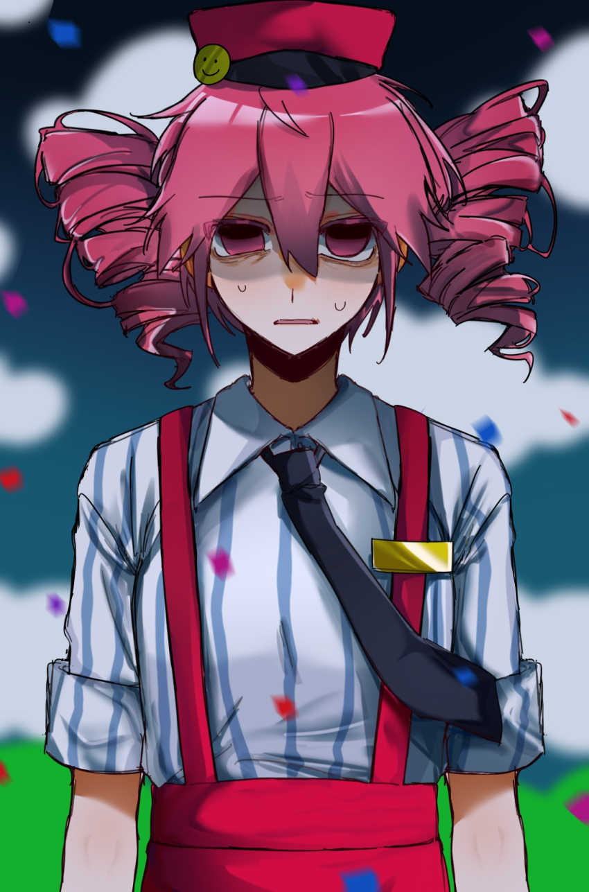 1girl black_necktie collared_shirt colored_eyelashes commentary_request confetti drill_hair empty_eyes gloves hair_between_eyes hat highres kasane_teto leaf88482233 mesmerizer_(vocaloid) necktie open_mouth pants pink_eyes pink_hair red_hat red_pants shirt sleeves_rolled_up solo striped_clothes striped_shirt suspenders sweat twin_drills upper_body utau vertical-striped_clothes vertical-striped_shirt vocaloid white_shirt yellow_gloves