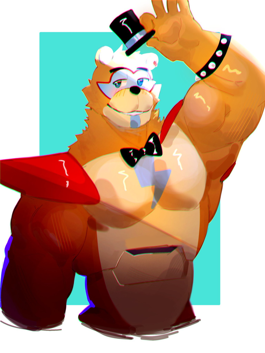 1boy animal_ears bara bear_boy bear_ears biceps black_bow blush bow bowtie bracelet brown_hair cropped_torso cyborg eli_(elibahh) five_nights_at_freddy's five_nights_at_freddy's:_security_breach freddy_fazbear furry furry_male glamrock_freddy half-closed_eyes hat hat_tip highres jewelry large_pectorals looking_to_the_side male_focus mini_hat muscular muscular_male pectorals robot short_hair shy smile solo spikes thick_arms top_hat