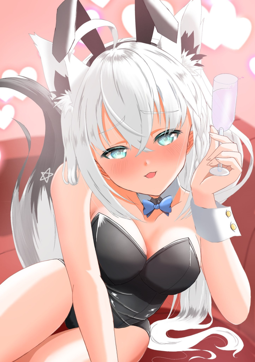 1girl ahoge alternate_costume animal_ear_fluff animal_ears areksti black_leotard blue_bow blue_bowtie blurry blurry_background blush bow bowtie braid breasts cleavage commentary_request couch cup detached_collar drinking_glass earrings extra_ears fake_animal_ears fox_ears fox_girl fox_tail green_eyes hair_between_eyes heart highres holding holding_cup hololive jewelry leaning_forward leotard long_hair looking_at_viewer medium_breasts open_mouth pentagram playboy_bunny rabbit_ears shirakami_fubuki sidelocks single_braid sitting solo tail virtual_youtuber white_hair wine_glass wrist_cuffs