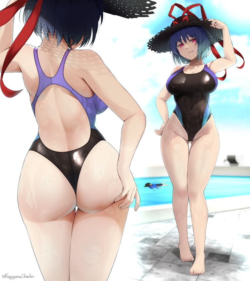 2girls adapted_costume asphyxiation ass back barefoot black_hair black_hat blue_hair bow breasts closed_mouth commentary_request commission competition_swimsuit covered_navel cowboy_shot drowning from_behind full_body hat hat_bow highleg highleg_swimsuit highres hinanawi_tenshi kagiyama_shachou large_breasts looking_at_viewer medium_bangs multiple_girls multiple_views nagae_iku one-piece_swimsuit paid_reward_available pool red_bow red_eyes short_hair skeb_commission smile solo_focus standing sun_hat swimsuit touhou water