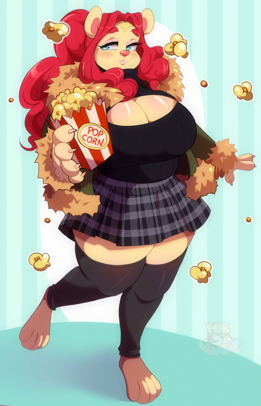 2023 abstract_background anthro bear big_breasts bottomwear box breasts cleavage cleavage_cutout clothed clothing container curvy_figure cutout feet female ferwanwan food hair hi_res holding_box holding_container holding_object huge_breasts leg_warmers legwear mammal paws popcorn red_hair skirt voluptuous