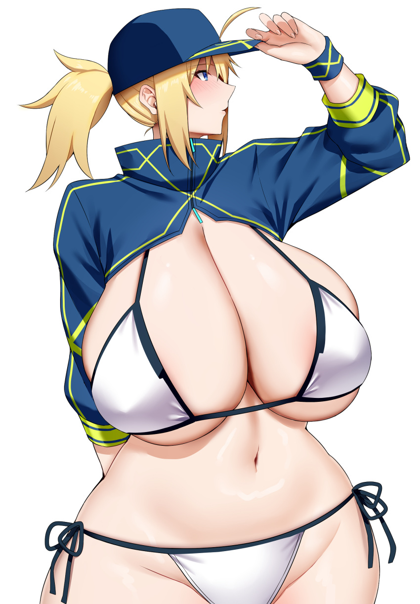 1girl ahoge arind_yudha artoria_pendragon_(fate) baseball_cap bikini blonde_hair blue_eyes blue_hat blue_jacket blush breasts cleavage fate/grand_order fate_(series) hat highres huge_breasts jacket long_hair long_sleeves mysterious_heroine_xx_(fate) ponytail shrug_(clothing) solo swimsuit