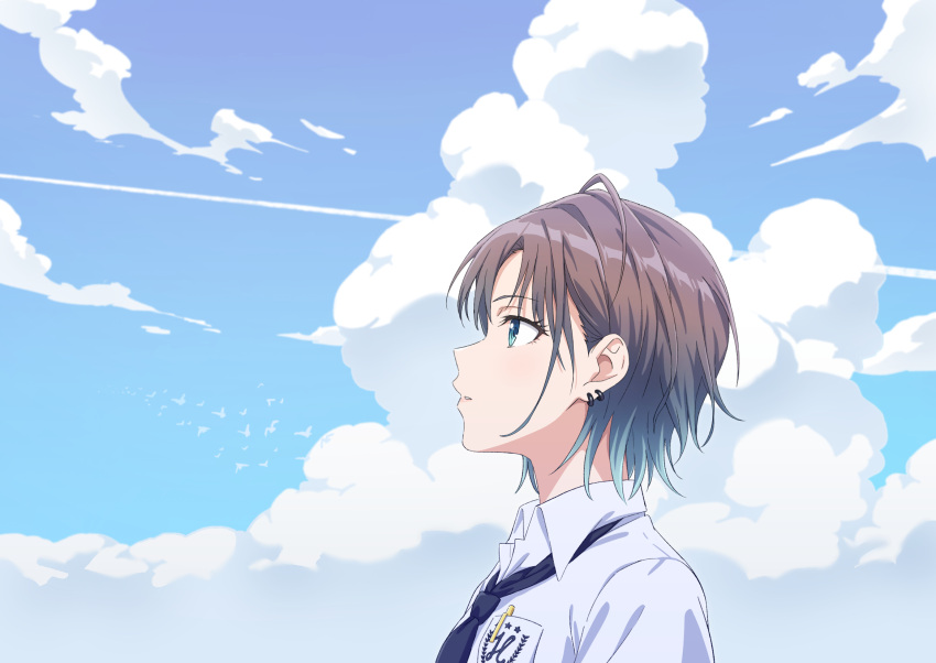 1girl asakura_toru black_necktie blue_eyes blue_hair breast_pocket brown_hair cloud cloudy_sky collared_shirt contrail earrings from_side gradient_hair highres idolmaster idolmaster_shiny_colors jewelry looking_ahead multicolored_hair necktie parted_lips pen_in_pocket pocket sanada_(tony2035176) shirt sky solo white_shirt