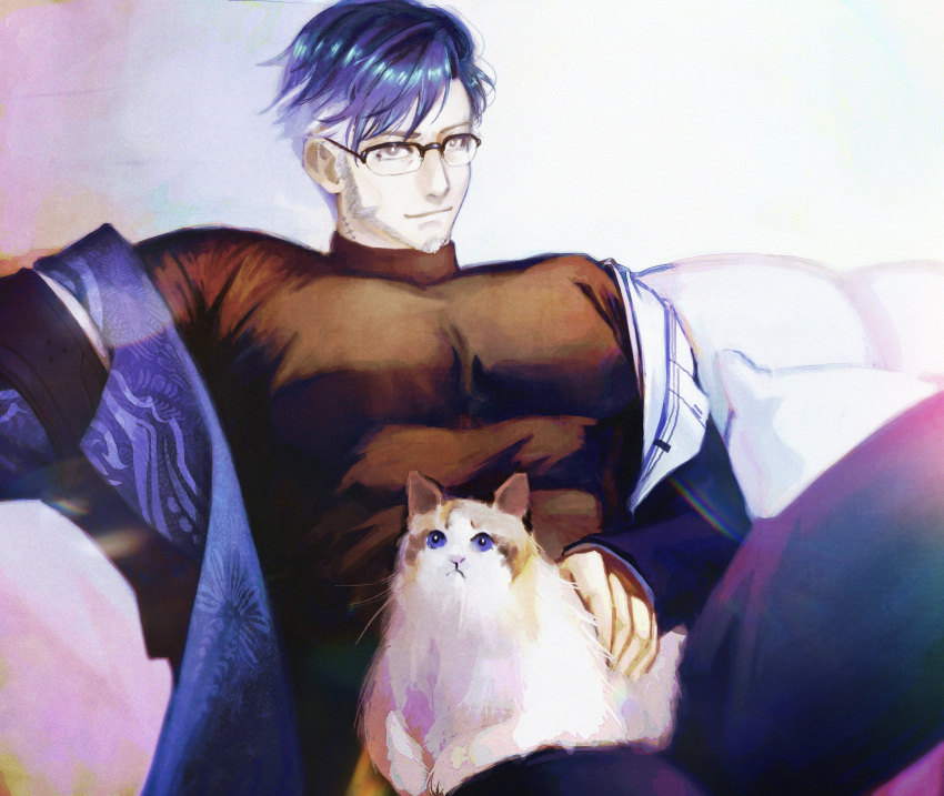 absurdres animal_on_lap bara beard blue_hair cat cat_on_lap coat facial_hair glasses highres looking_at_viewer louise_an mature_male on_lap open_clothes open_coat pectorals tagme turtleneck wuthering_waves yuanwu_(wuthering_waves)