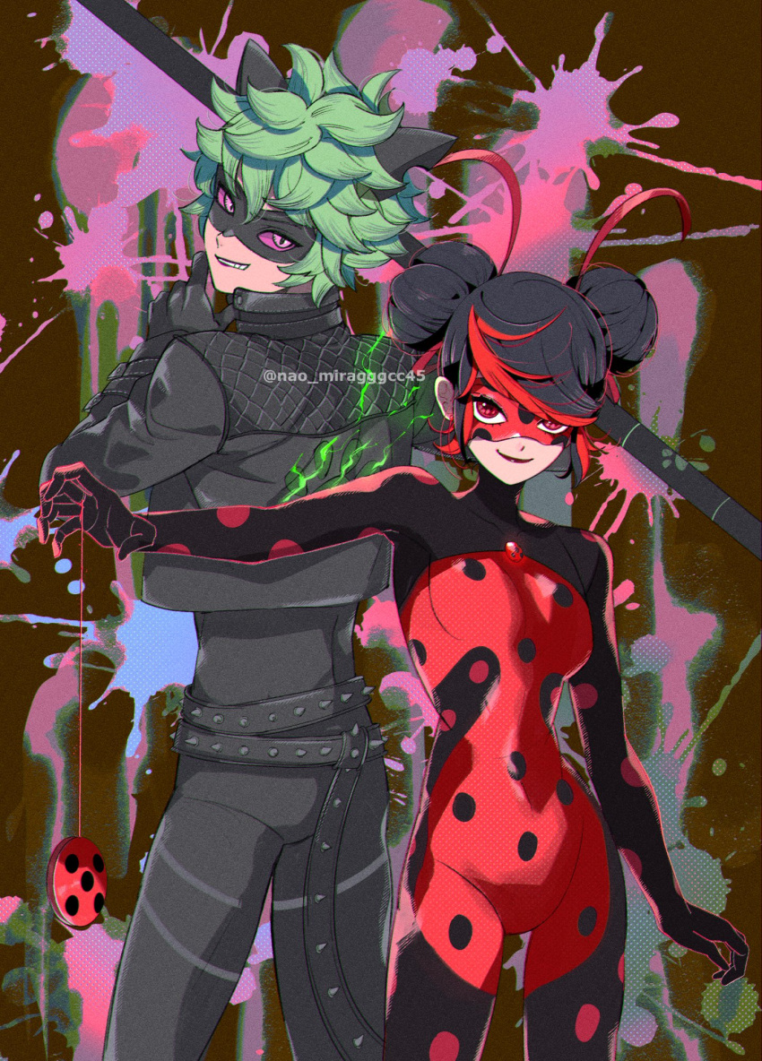 1boy 1girl adrien_agreste animal_ears black_bodysuit black_cat black_hair black_jacket black_mask bodysuit cat cat_ears claw_noir double_bun green_hair hair_bun highres jacket leather leather_jacket looking_at_viewer marinette_dupain-cheng miraculous_ladybug polka_dot purple_eyes red_bodysuit red_mask seio_(nao_miragggcc45) shadybug slit_pupils smile superhero_costume yo-yo