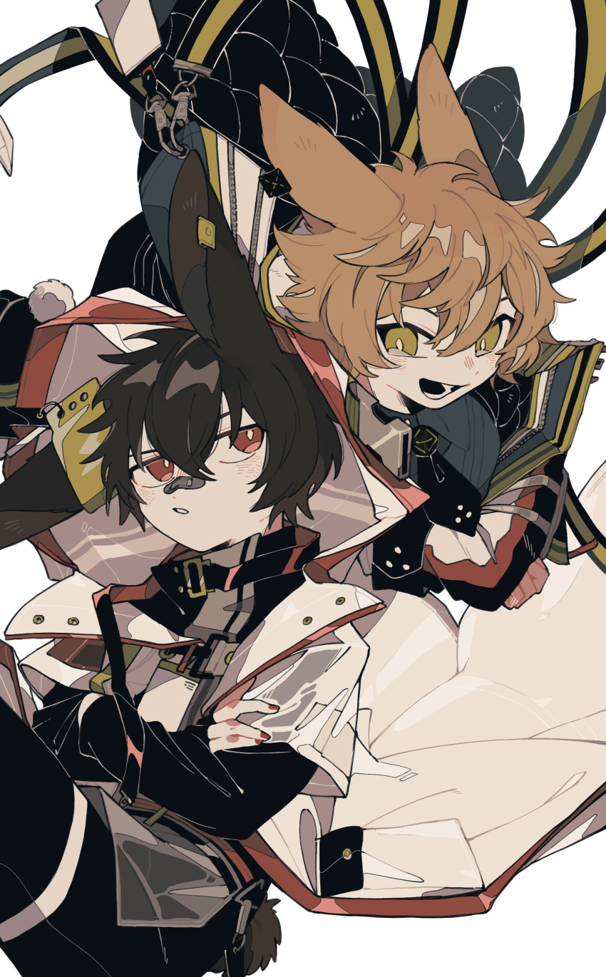 2boys absurdres animal_ears arknights ayerscarpe_(arknights) bandaid bandaid_on_face bandaid_on_nose black_coat black_shorts blonde_hair brown_hair coat cowboy_shot crossed_arms falling green_eyes highres knees_up leonhardt_(arknights) looking_at_viewer lop_rabbit_ears male_focus multiple_boys open_mouth parted_lips rabbit_ears red_eyes remu_(kudarizaka_25) shorts simple_background smile white_background white_coat