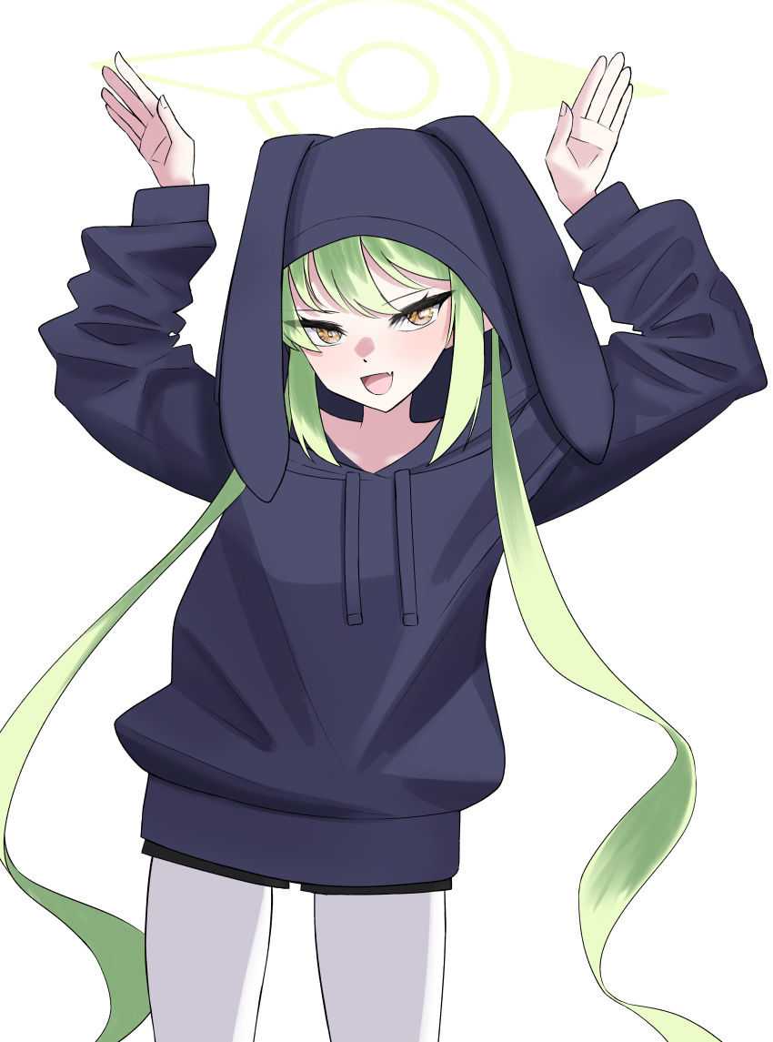 1girl :d absurdres alternate_costume animal_ear_hood blue_archive blue_hoodie blush casual cue_spirit fang green_hair green_halo hair_between_eyes halo highres hood hood_up hoodie long_hair nozomi_(blue_archive) pantyhose rabbit_pose smile solo standing thighs twintails very_long_hair yellow_eyes