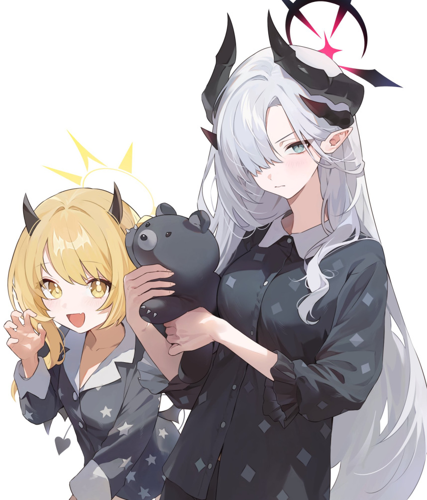 2girls black_horns black_pajamas blue_archive claw_pose closed_mouth demon_girl demon_horns frilled_sleeves frills grey_eyes hair_over_one_eye halo hashtag-only_commentary height_difference highres holding holding_stuffed_toy horns hyeonwook9 ibuki_(blue_archive) long_hair looking_at_viewer makoto_(blue_archive) multiple_girls one_side_up open_mouth pajamas pointy_ears print_pajamas simple_background sleeves_past_elbows smile stuffed_animal stuffed_toy teddy_bear upper_body white_background white_hair yellow_eyes yellow_halo