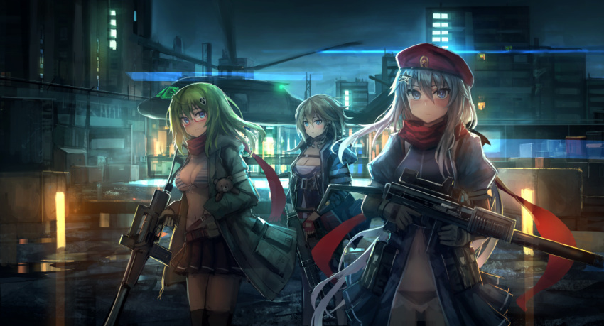 3girls 9a-91 9a-91_(girls_frontline) ahoge aircraft ak-74u_(girls_frontline) aks-74u as_val as_val_(girls_frontline) assault_rifle backlighting bangs beret black_panties blonde_hair blue_dress blue_eyes blush breasts cityscape cleavage cloud cloudy_sky dress eyebrows_visible_through_hair girls_frontline glasses gloves gun hair_between_eyes hair_ornament hat helicopter holding hood hooded_jacket jacket large_breasts lithium10mg long_hair long_sleeves looking_at_viewer low_twintails medium_breasts multiple_girls navel night outdoors panties red_scarf rifle scarf see-through silver_hair skirt sky star star_hair_ornament stuffed_animal stuffed_toy teddy_bear thighhighs twintails underwear very_long_hair weapon