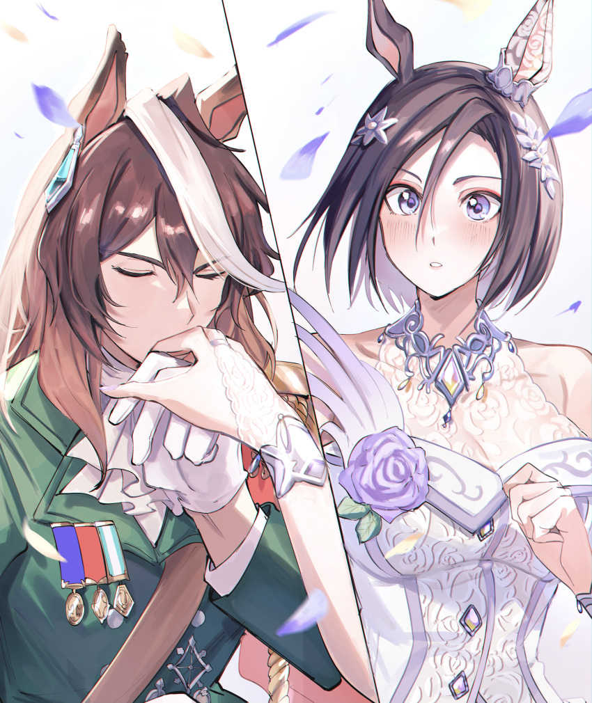 2girls absurdres aiguillette air_groove_(quercus_civilis)_(umamusume) air_groove_(umamusume) animal_ears ascot bare_shoulders blush bojue_(hakus_1128) breasts bridal_gauntlets brown_hair buttons cleavage commentary_request double-breasted dress ear_covers earrings falling_petals flower gloves green_jacket hair_between_eyes hair_ornament hand_grab highres horse_ears horse_girl jacket jewelry kiss kissing_hand lace large_breasts long_hair long_sleeves medal multicolored_hair multiple_girls official_alternate_costume parted_lips petals purple_eyes purple_flower purple_rose rose short_hair simple_background single_ear_cover single_earring sleeveless sleeveless_dress streaked_hair symboli_rudolf_(umamusume) umamusume upper_body white_ascot white_background white_dress white_gloves white_hair yuri