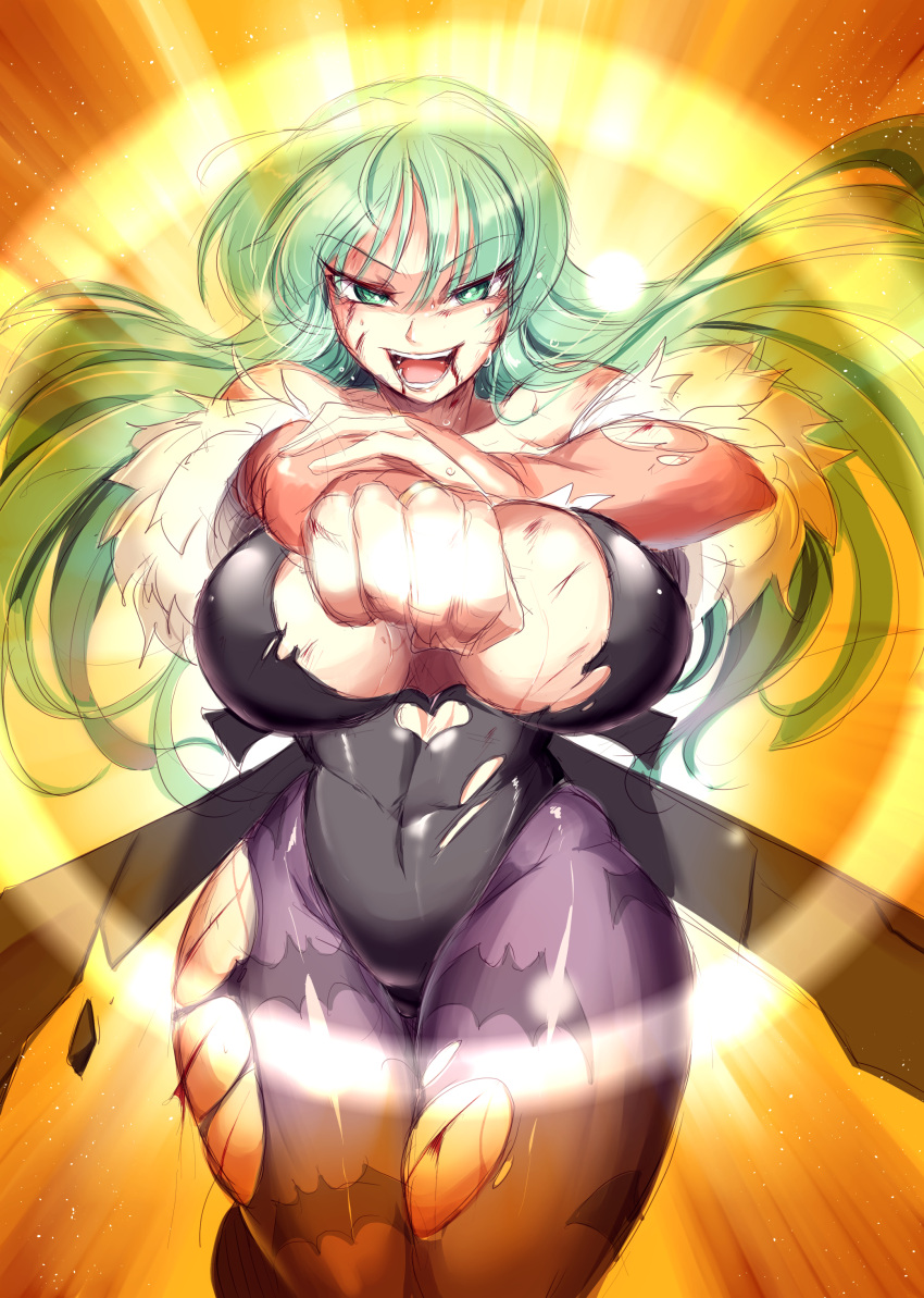 1girl absurdres animal_print bat_print battle_damage black_leotard blood breasts bridal_gauntlets clenched_hand clothing_cutout cowboy_shot cutout_above_navel demon_girl demon_wings green_eyes green_hair heart_cutout highleg highres injury large_breasts leotard long_hair morrigan_aensland open_mouth pantyhose print_pantyhose solo suga_leon teeth torn_bridal_gautlets torn_clothes torn_leotard torn_pantyhose vampire_(game) wings