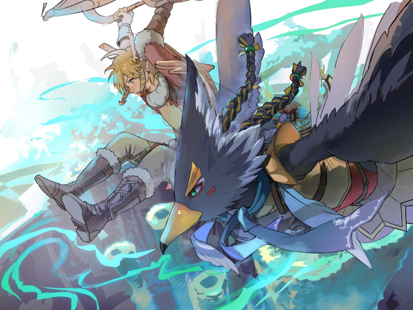 2boys aqua_eyes beak bird_boy blonde_hair blue_scarf boots braid earrings facial_mark flying fur-trimmed_boots fur_trim grey_fur grey_pants hair_between_eyes hang_gliding highres inbagzlzl jewelry link male_focus multiple_boys pants pointy_ears revali rito scarf sidelocks the_legend_of_zelda the_legend_of_zelda:_breath_of_the_wild twin_braids