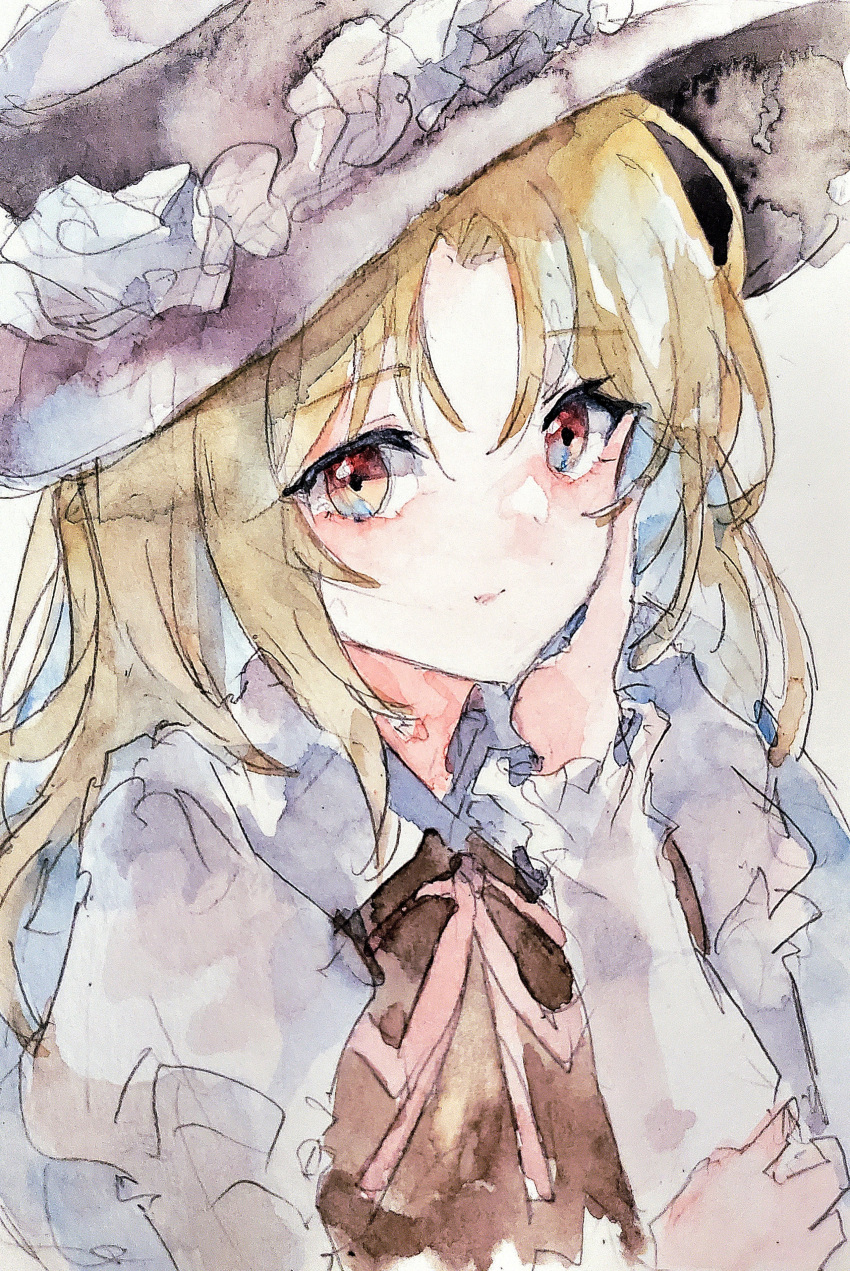 1girl absurdres blonde_hair brown_hat brown_vest closed_mouth collared_shirt commentary_request dolls_in_pseudo_paradise frilled_hat frills hand_on_own_face happy hat highres jacket_girl_(dipp) juliet_sleeves kamu_kotan long_hair long_sleeves looking_at_viewer neck_ribbon puffy_sleeves red_eyes red_ribbon ribbon shirt smile solo touhou upper_body very_long_hair vest white_shirt