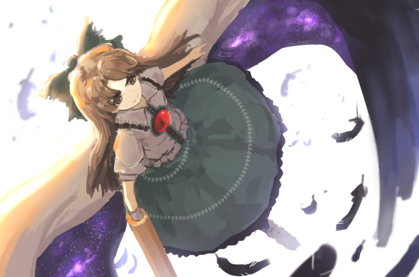 1girl arm_cannon bionekojita bird_wings black_feathers black_wings bow brown_eyes brown_hair cape cloak closed_mouth commentary_request control_rod falling_feathers feathers green_bow green_skirt hair_bow long_hair reiuji_utsuho short_sleeves skirt solo starry_sky_print third_eye touhou weapon wings