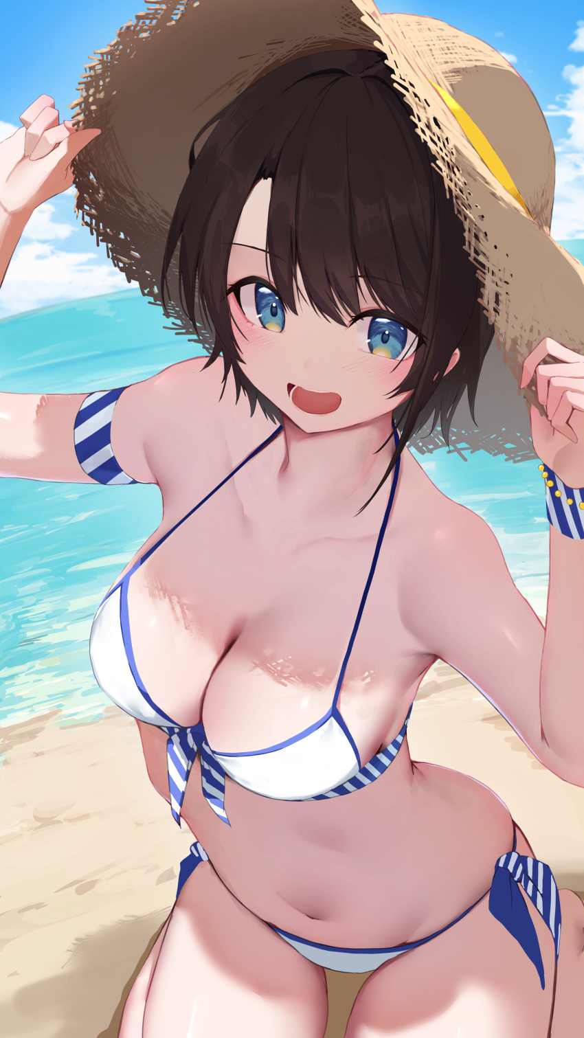 1girl absurdres alternate_costume armband arms_up bare_shoulders beach bikini black_hair blue_eyes blue_sky breasts cleavage cloud cloudy_sky collarbone hat highres holding holding_clothes holding_hat hololive horizon large_breasts looking_at_viewer mikaku navel ocean oozora_subaru open_mouth outdoors seiza short_hair sitting sky smile solo straw_hat striped_armband striped_wristband swimsuit very_short_hair virtual_youtuber white_bikini wristband