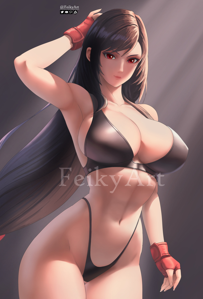 1girl absurdres arm_up artist_name bikini black_bikini black_hair breasts closed_mouth collarbone curvy feikyart final_fantasy final_fantasy_vii fingerless_gloves gloves highleg highleg_swimsuit highres large_breasts long_hair looking_at_viewer navel red_eyes red_gloves solo stomach swimsuit tifa_lockhart very_long_hair watermark