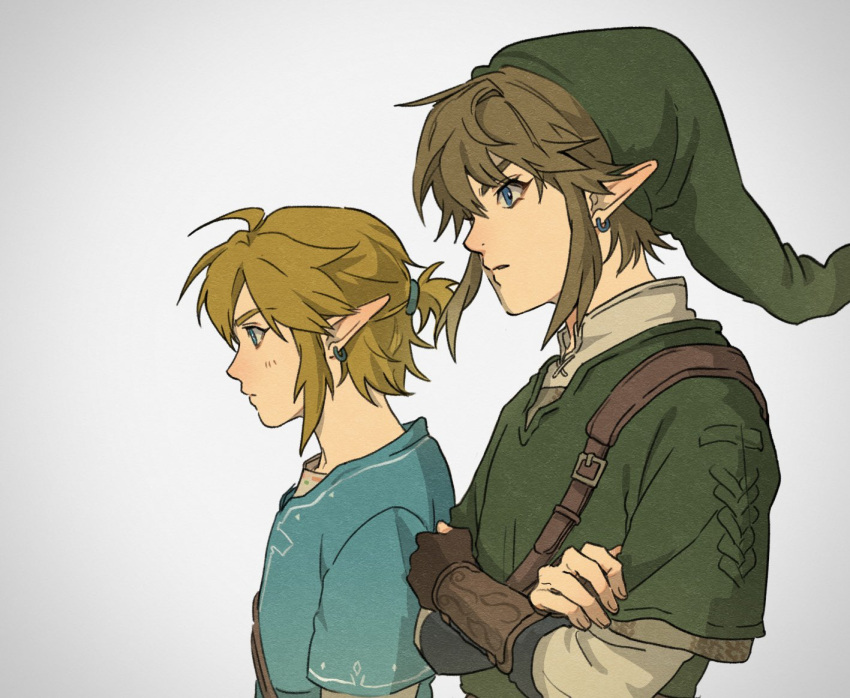 2boys animal_ears aqua_tunic armor blonde_hair blue_eyes chainmail crossed_arms facing_to_the_side green_hat green_tunic hair_between_eyes hat inbagzlzl light_blush link male_focus multiple_boys pointy_ears pointy_hat ponytail shirt short_hair sidelocks the_legend_of_zelda the_legend_of_zelda:_breath_of_the_wild the_legend_of_zelda:_twilight_princess vambraces white_shirt