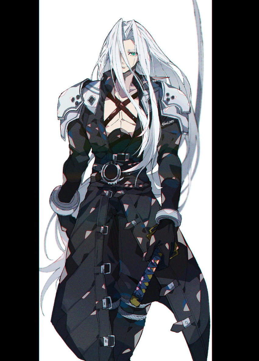 1boy aqua_eyes armor bangle black_border black_coat black_gloves black_pants border bracelet chest_strap coat feet_out_of_frame final_fantasy final_fantasy_vii final_fantasy_vii_rebirth final_fantasy_vii_remake gloves grey_hair hair_over_one_eye highres holding holding_sword holding_weapon jewelry kawasaki_(kwsk_8765) long_bangs long_coat long_hair long_sleeves looking_at_viewer male_focus masamune_(ff7) pants parted_bangs pillarboxed sephiroth shoulder_armor solo sword twitter_username walking weapon white_background