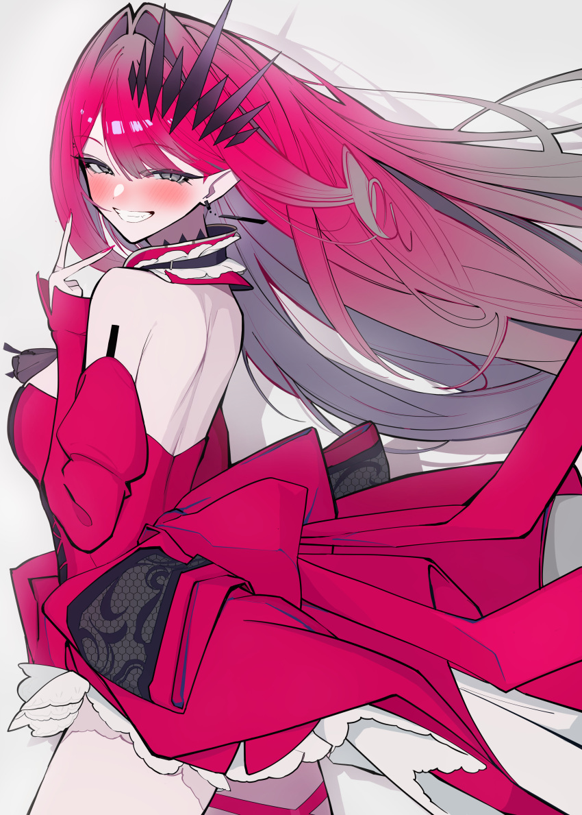 1girl absurdres back baobhan_sith_(fate) baobhan_sith_(first_ascension)_(fate) bare_shoulders blush breasts dress fate/grand_order fate_(series) grey_eyes grin highres large_breasts long_hair looking_at_viewer pink_hair pointy_ears red_dress sidelocks smile solo tiara uriuriyukitti